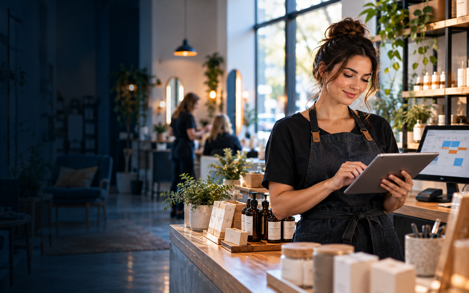 A small-business owner reviewing digital tools in a welcoming local business