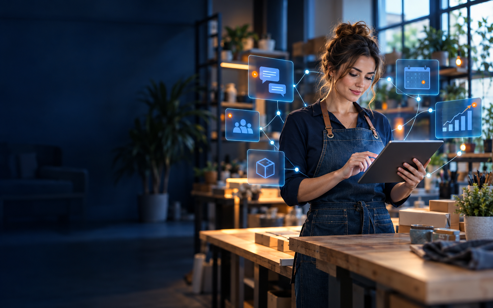 A small business owner using connected digital tools in a modern workshop