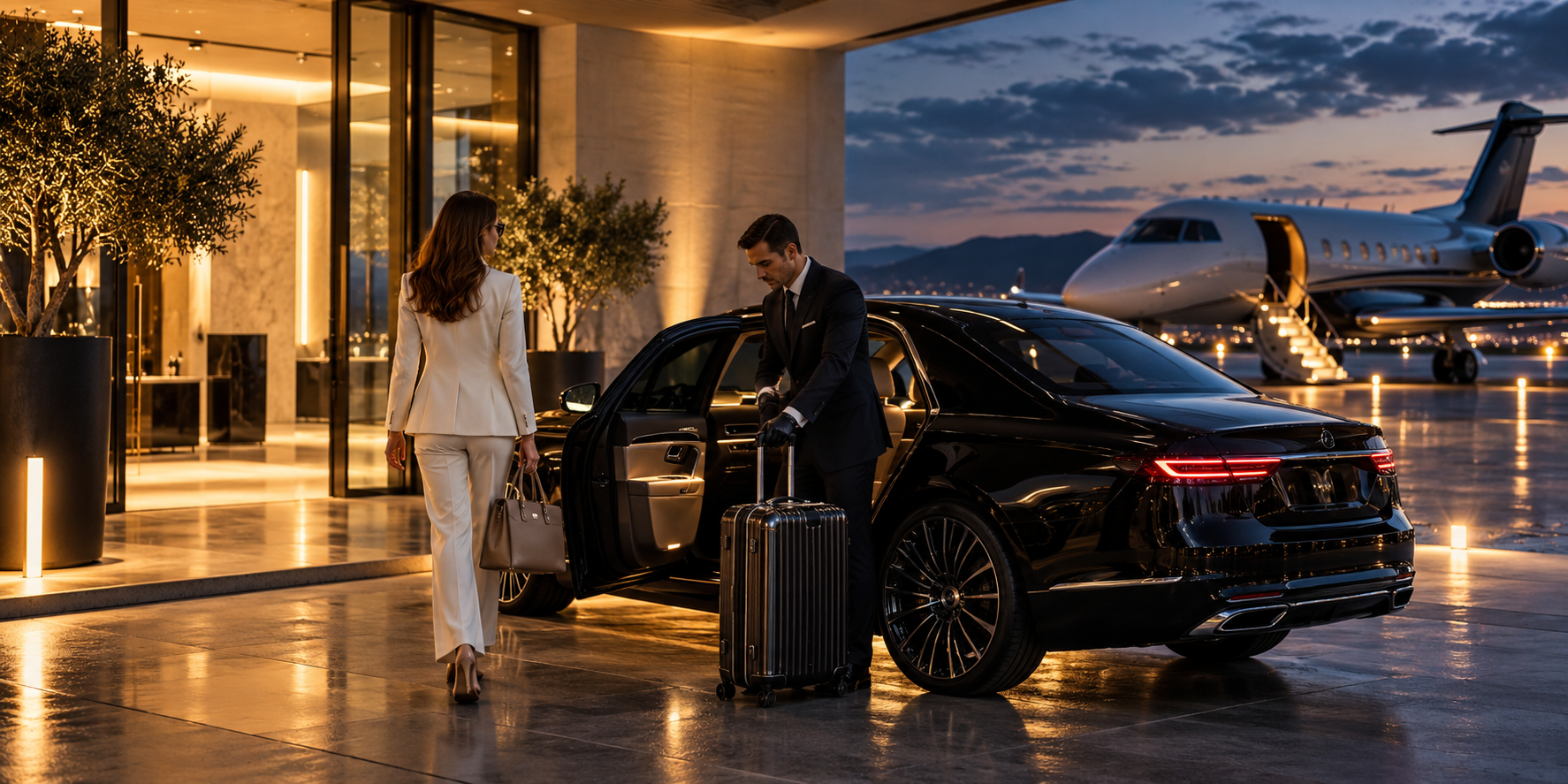 A concierge assisting a traveler beside a luxury car at a private terminal